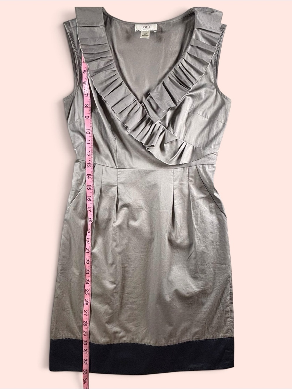 LOFT Petites Silver Gray Ruffle Pleated Cocktail Dress 00P Navy Trim - Picture 4 of 6
